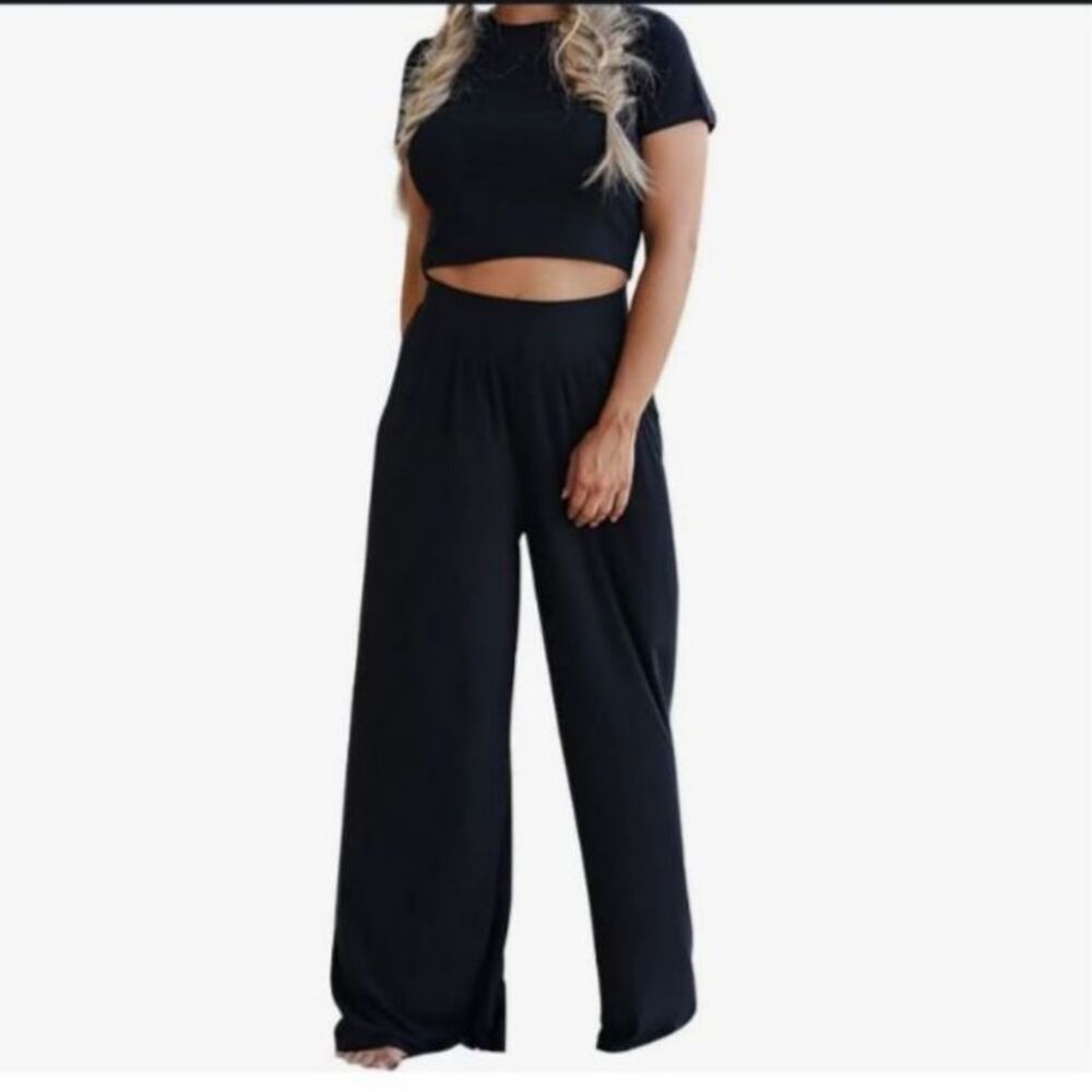 Black Crop Top Wide Leg Lounge Set Women XL 2 Piece Matching Outfit NWT
